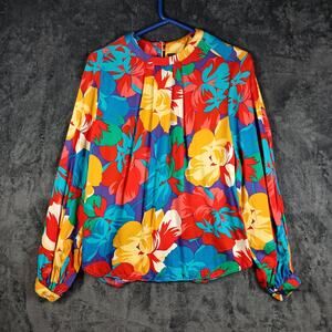 Jimmy Garcia Blouse Women Large Red Multicolor Floral Flowing Long Sleeve Bold